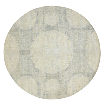 10'X10' Oyster White Jewelry Design Wool And Silk Hand Knotted Round Rug