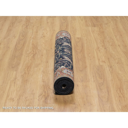 4'2"X12'2" Navy Antiqued Heris Re-Creation Hand Knotted Wool Runner Rug