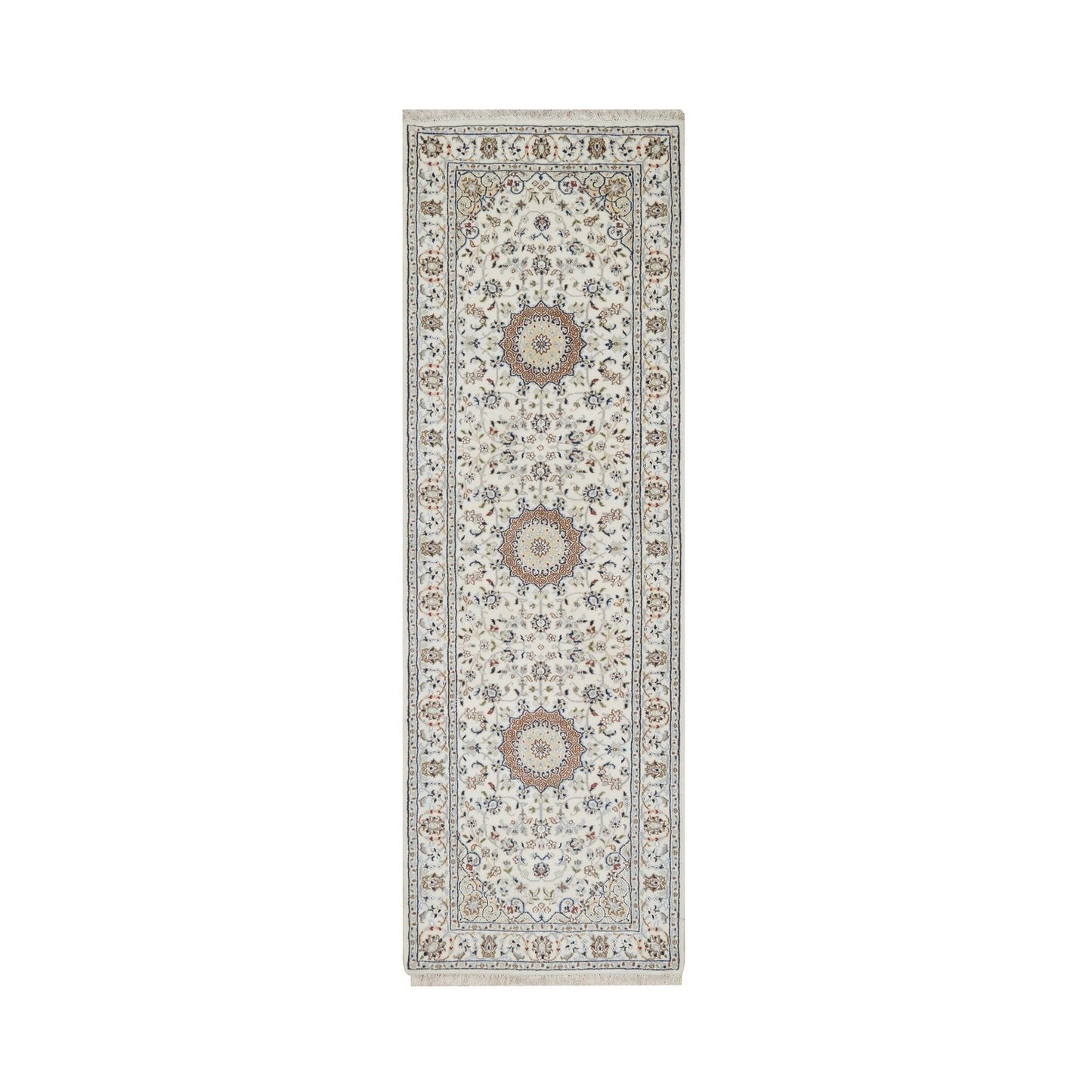 2'7"X8' Ivory Nain Medallion Design Hand Knotted Wool And Silk Runner Rug