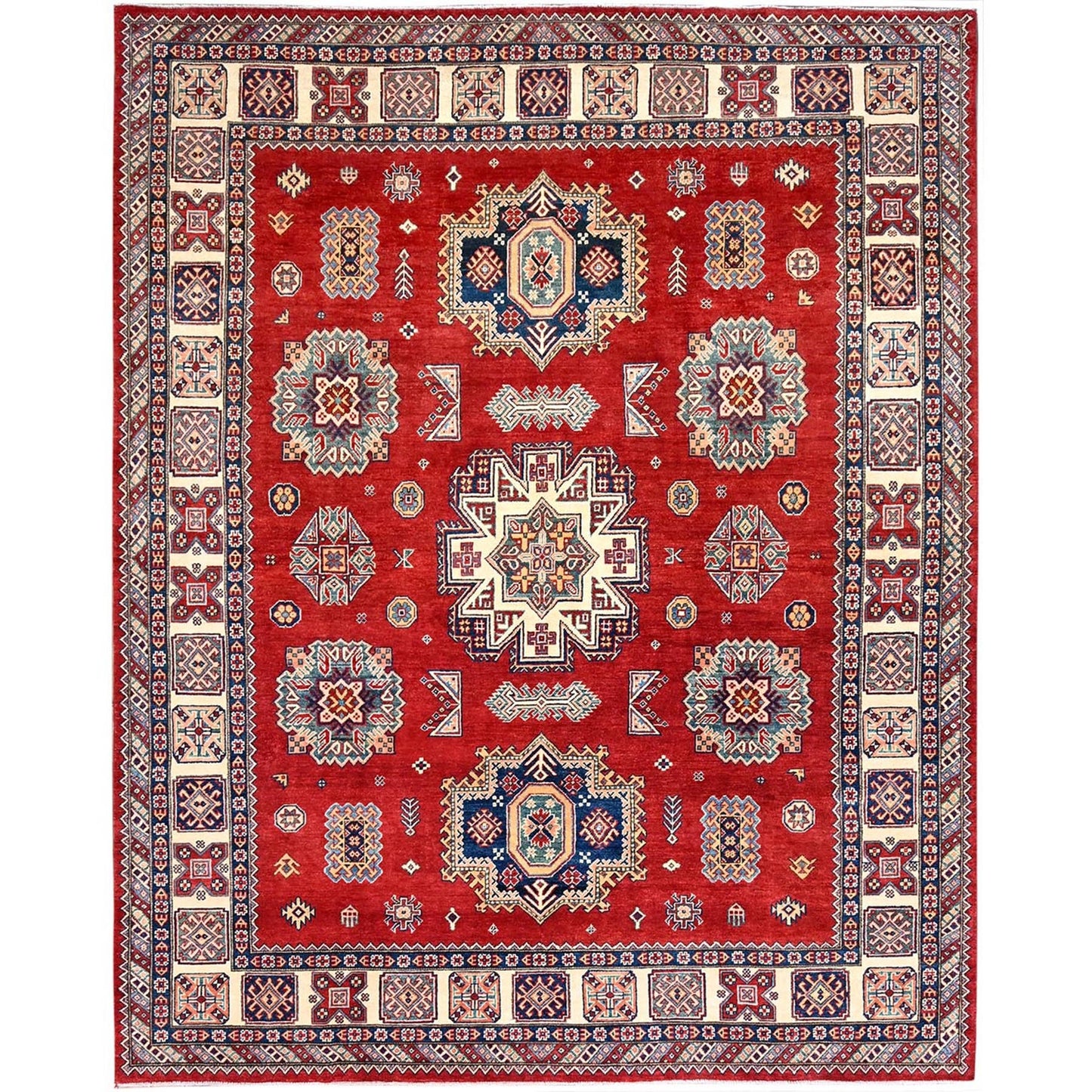 8'2"X10' Red Special Kazak Large Elements Hand Knotted Oriental Wool Rug