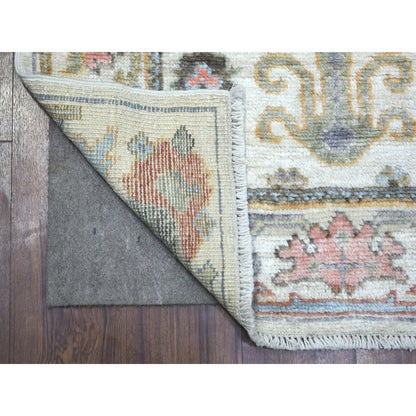 2'8"X11'8" Ivory Leaf Design Hand Knotted Angora Oushak Wool Runner Rug
