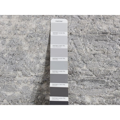 4'X9'8" Gray Erased Zoroastrian Design Runner Wool-Silk Hand Knotted Rug