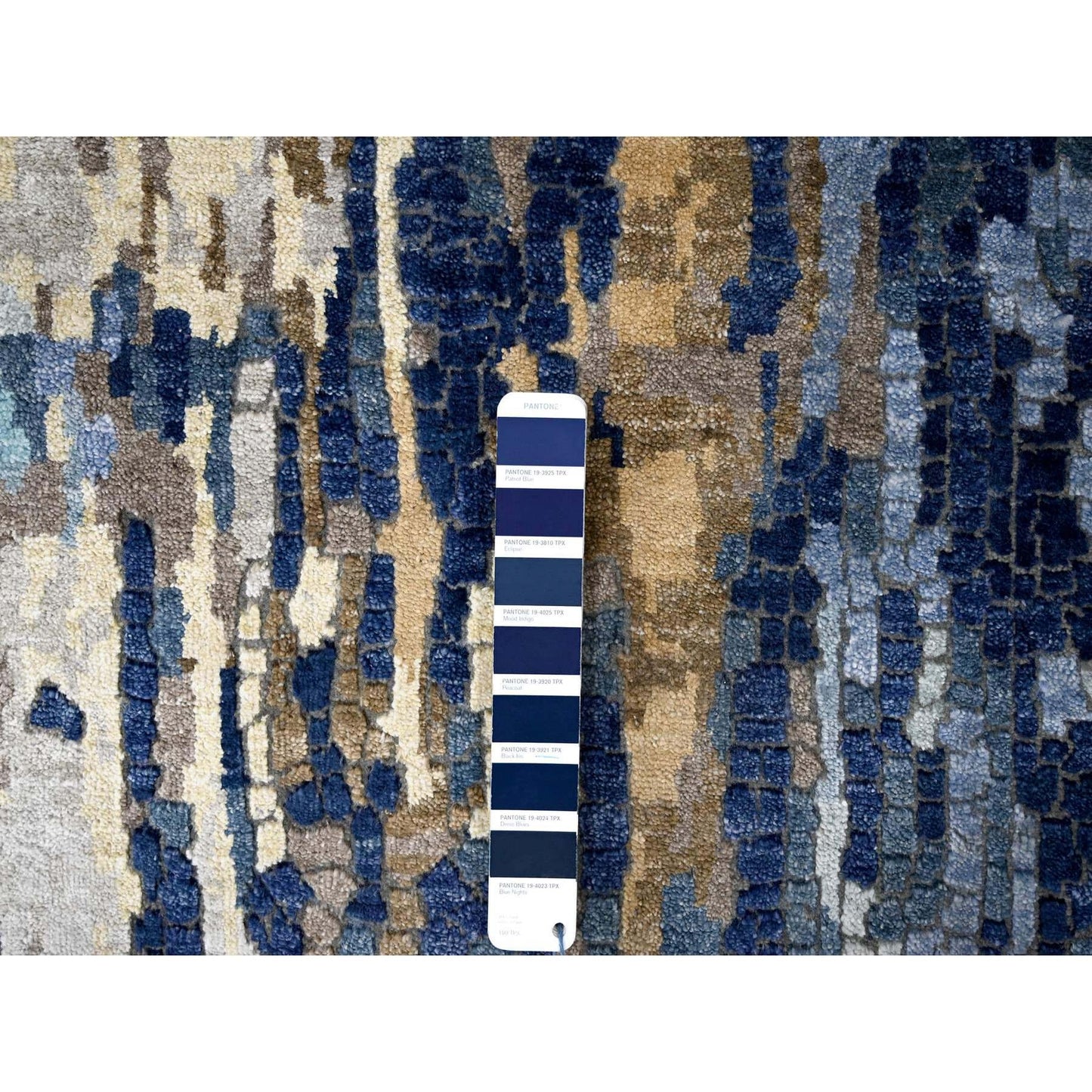 2'7"X15'9" Blue Wool And Silk Modern Mosaic Hand Knotted Xl Runner Rug
