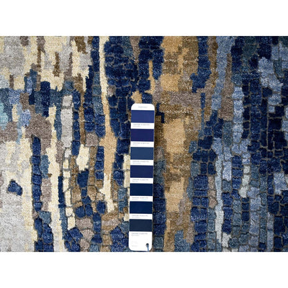 2'7"X15'9" Blue Wool And Silk Modern Mosaic Hand Knotted Xl Runner Rug