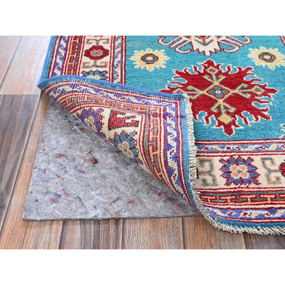 2'7"X4'1" Blue Kazak Tribal Medallions Design All Wool Hand Knotted Mat Rug