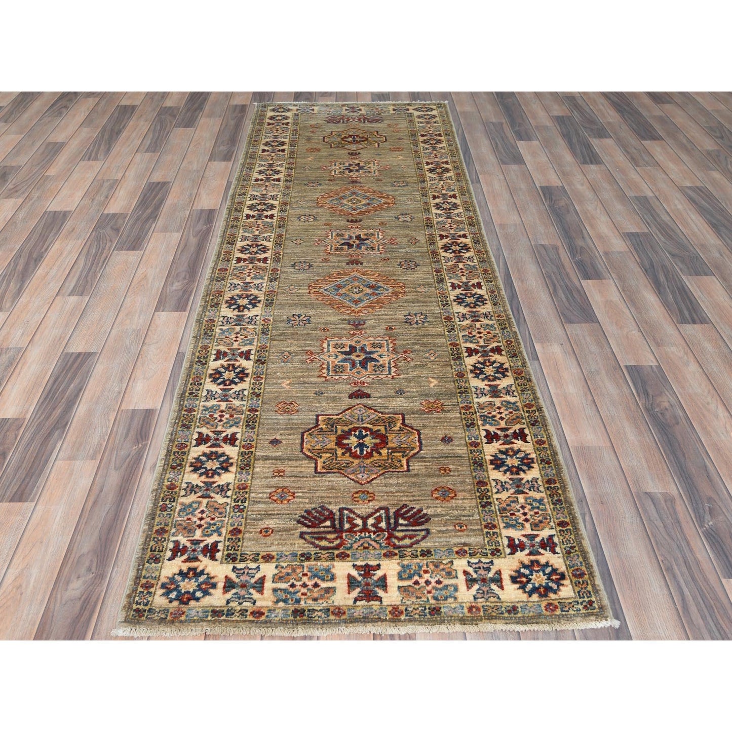 2'10"X8'3" Ecru Color Wool Hand Knotted Afghan Super Kazak Runner Rug
