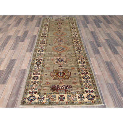 2'10"X8'3" Ecru Color Wool Hand Knotted Afghan Super Kazak Runner Rug