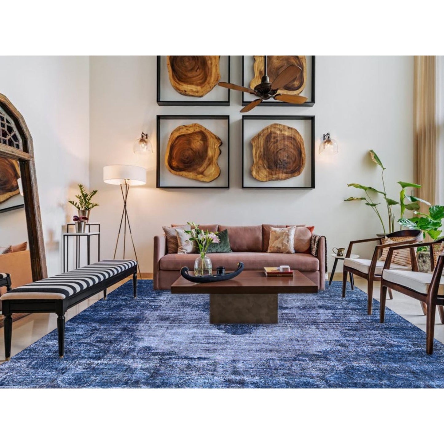 8'3"X10'9" Blue Overdyed Worn Soft Wool Hand Knotted Rug