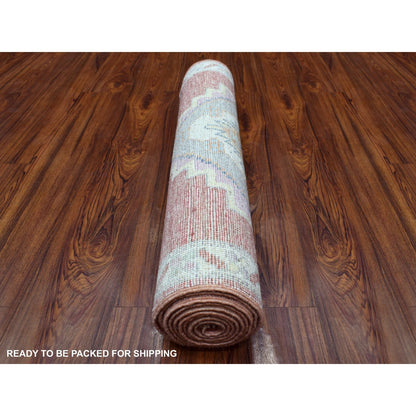 2'10"X9'6" Coral Red Afghan Angora Oushak Wool Hand Knotted Runner Rug