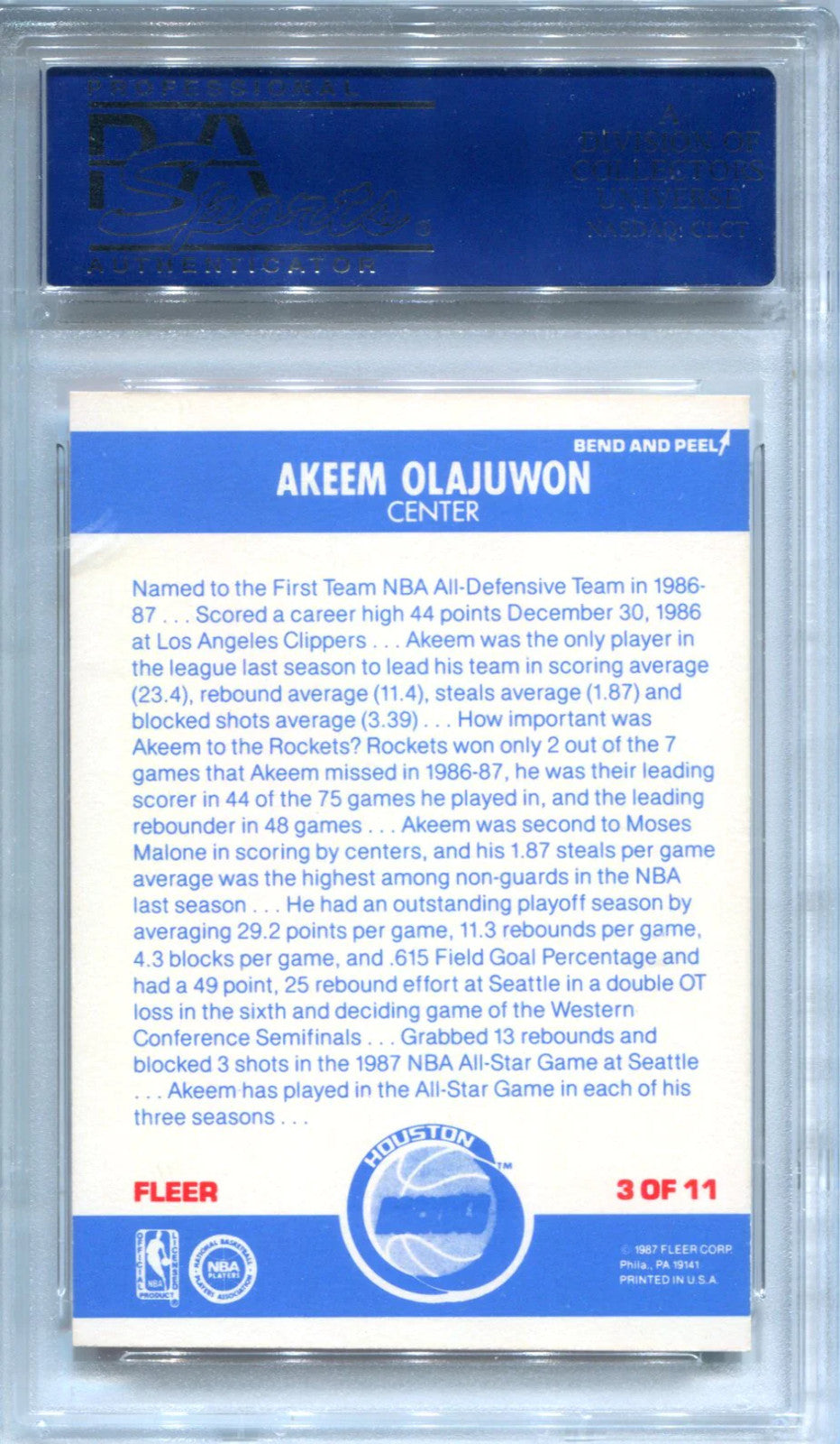 Akeem Olajuwon 1987-88 Fleer Sticker #3 Psa Nm 8 Card