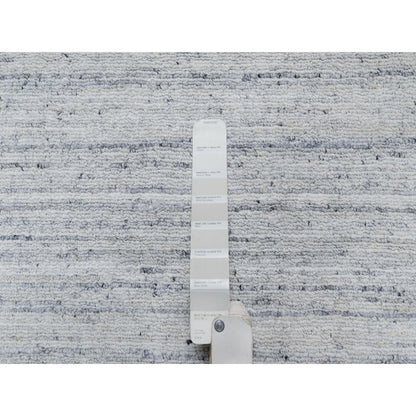 2'7"x8' Cloud Gray Modern Striae Design Pure Wool Hand Loomed Runner Rug