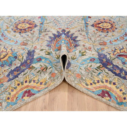 9'1"X12'4" Silk With Wool Hand Knotted Tan Sickle Leaf Design Rug