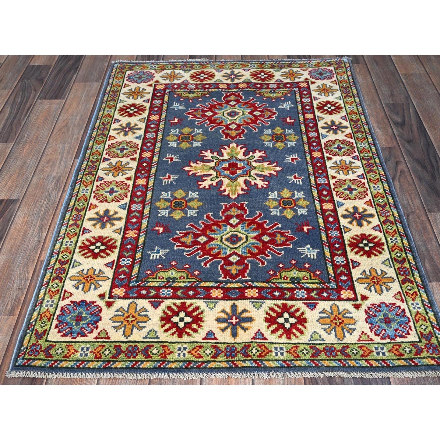 2'9"X4'1" Blue Kazak With Tribal Design Hand Knotted Soft Wool Sample Rug