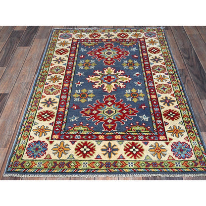 2'9"X4'1" Blue Kazak With Tribal Design Hand Knotted Soft Wool Sample Rug