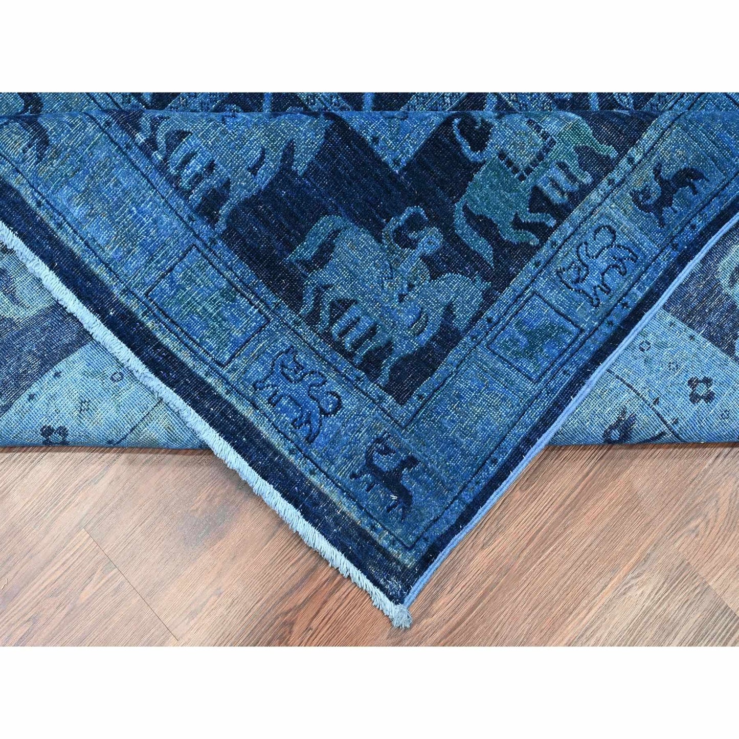 9'X12' Blue Overdyed Peshawar Pazyryk Design Pure Wool Hand Knotted Rug