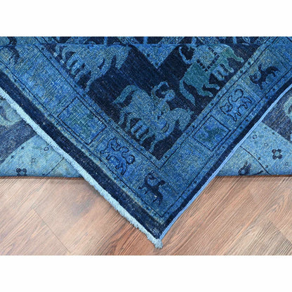 9'X12' Blue Overdyed Peshawar Pazyryk Design Pure Wool Hand Knotted Rug