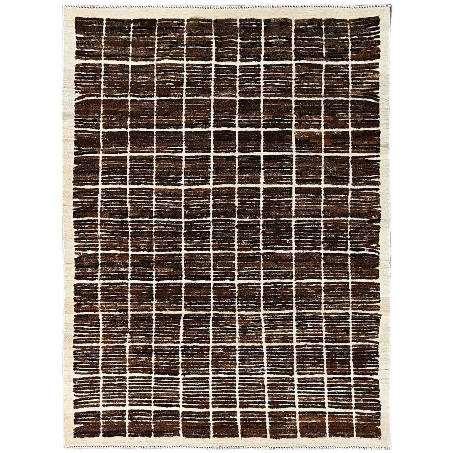 4'10"X6'4" Brown Moroccan Weave Grid Design Hand Knotted Natural Wool Rug