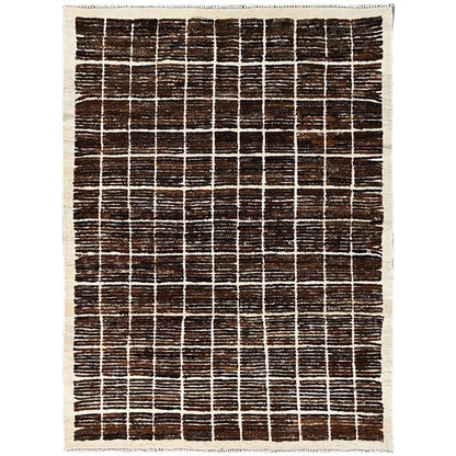 4'10"X6'4" Brown Moroccan Weave Grid Design Hand Knotted Natural Wool Rug