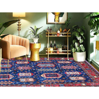 6'1"X8'5" Blue Afghan Caucasian Design Revival Hand Knotted Soft Wool Rug