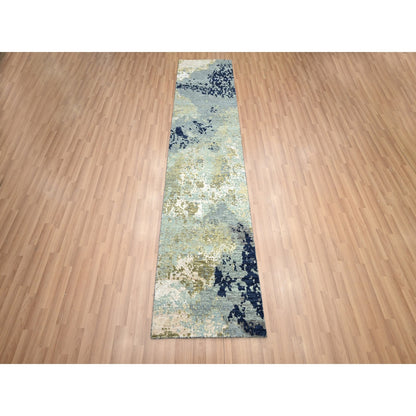 2'6"X10' Gray Abstract Design Hand Knotted Wool Densely Woven Runner Rug