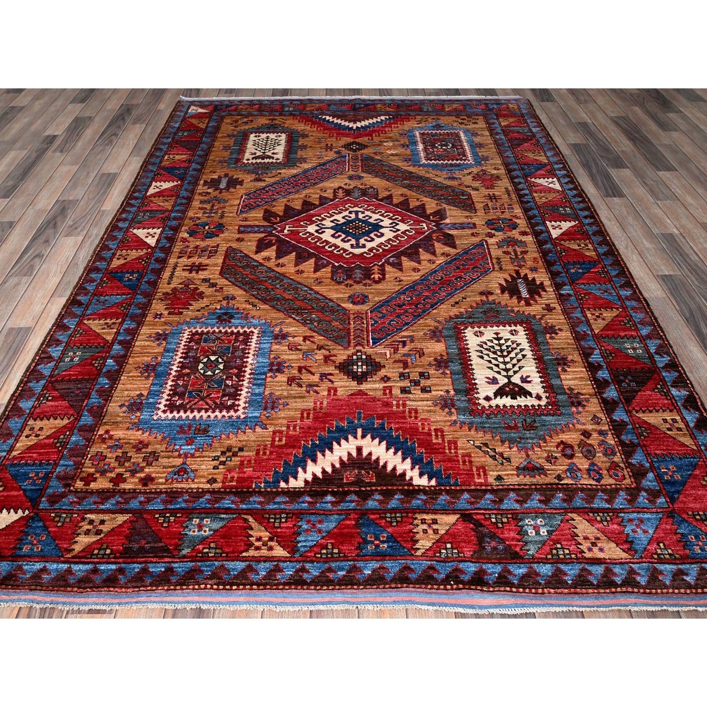 6'1"X8'4" Ochre Brown Afghan Caucasian Design Revival Hand Knotted Wool Rug