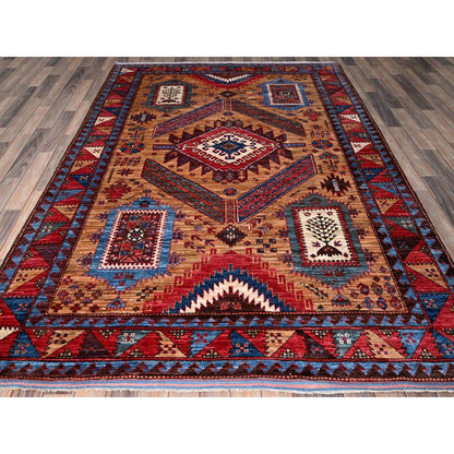 6'1"X8'4" Ochre Brown Afghan Caucasian Design Revival Hand Knotted Wool Rug