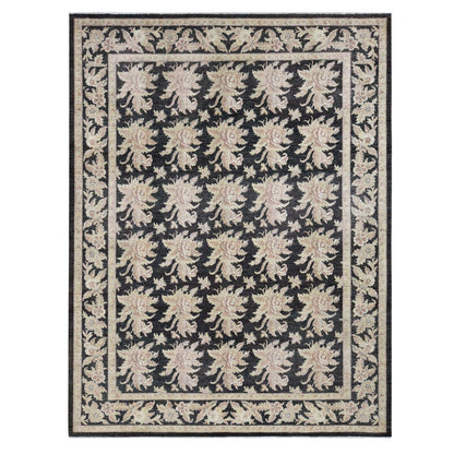 9'1"X12'4" Black Fine Peshawar Design Hand Knotted Pure Wool Rug