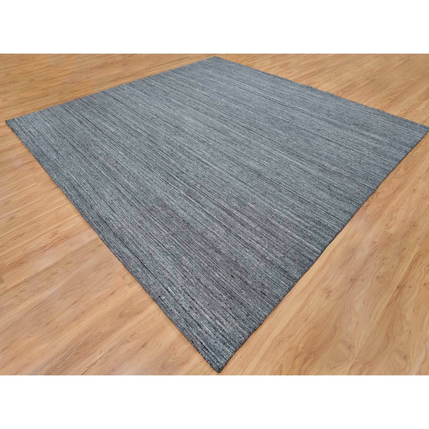 12'X12' Gray Modern Striae Design Natural Wool Hand Loomed Square Rug