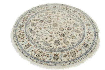 Extra Fine Hand-Knotted Indo-Nain Round Rug 6X6 ft Cream Floral