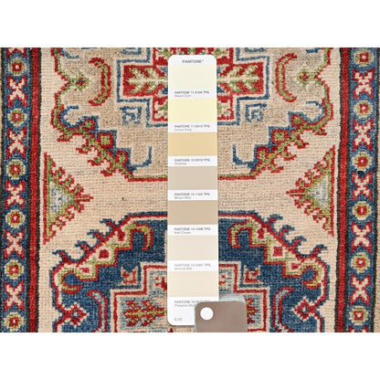 2'9"X15'4" Ivory Hand Knotted Rug Kazak With Geometric Design Wool Runner