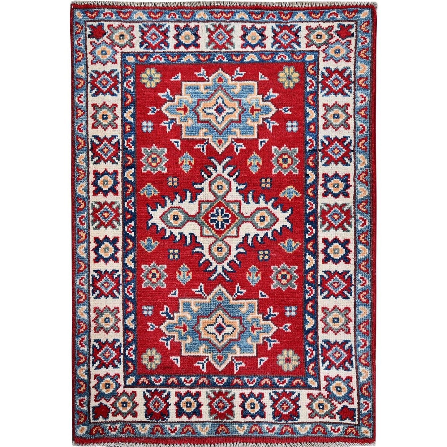 2'2"X3' Red Kazak With Geometric Pattern Soft Wool Hand Knotted Mat Rug