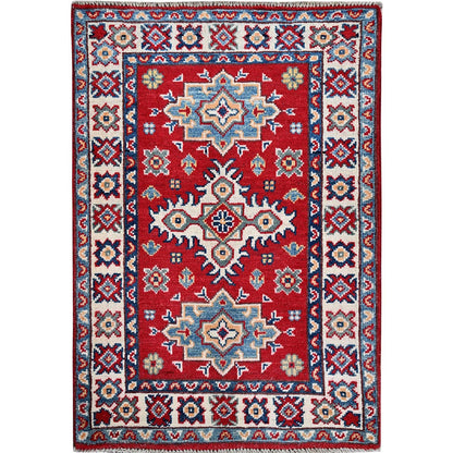 2'2"X3' Red Kazak With Geometric Pattern Soft Wool Hand Knotted Mat Rug