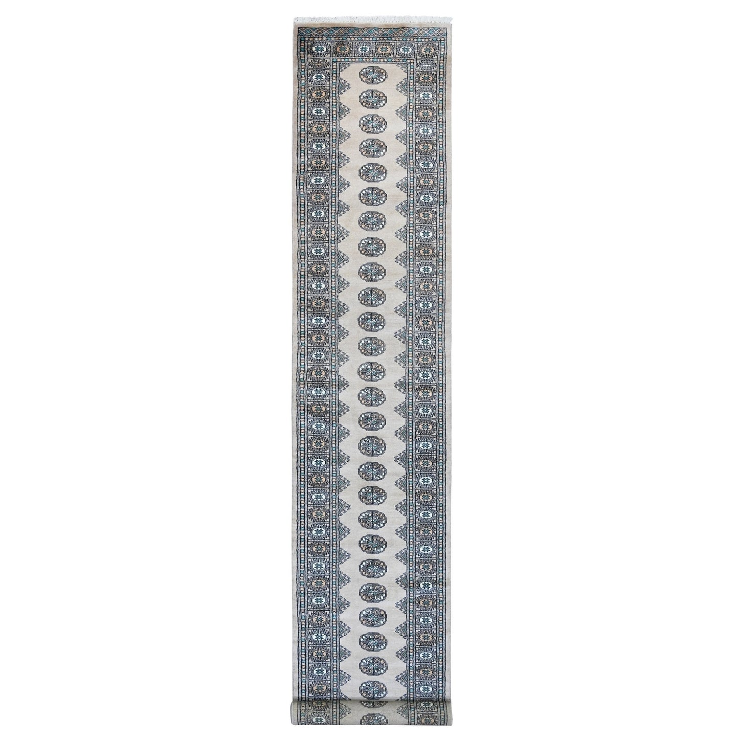 2'6"X16'2" White Mori Bokara Geometric Motif Wool Hand Knotted Runner Rug