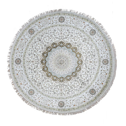 9'1"X9'1" Ivory Silken Tebraz Design 300 Kpsi Hand Knotted Round Rug