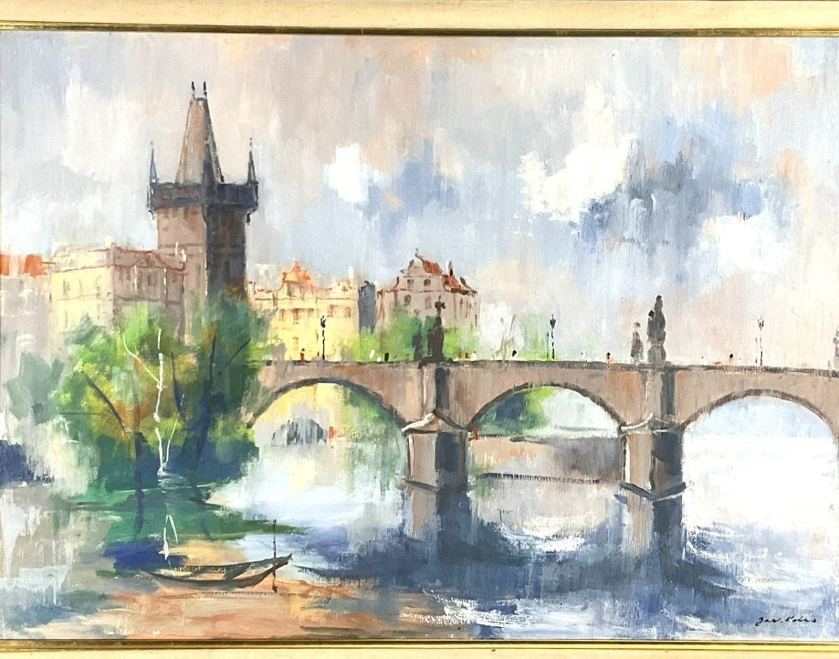 Original Oil Painting Charles Bridge Signed Framed Large Jaroslav Kotas