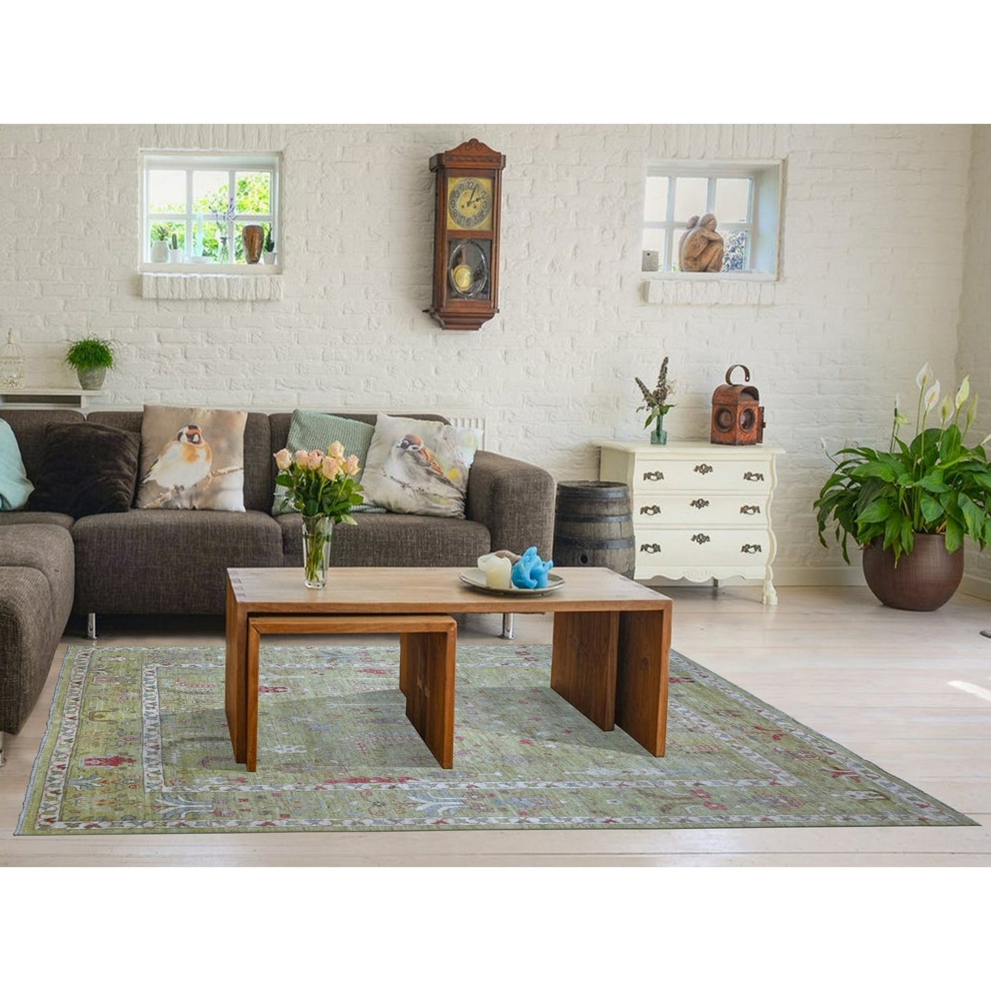 8'X9'9" Lime Green Afghan Angora Ushak Natural Wool Hand Knotted Rug