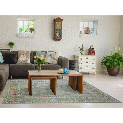 8'X9'9" Lime Green Afghan Angora Ushak Natural Wool Hand Knotted Rug