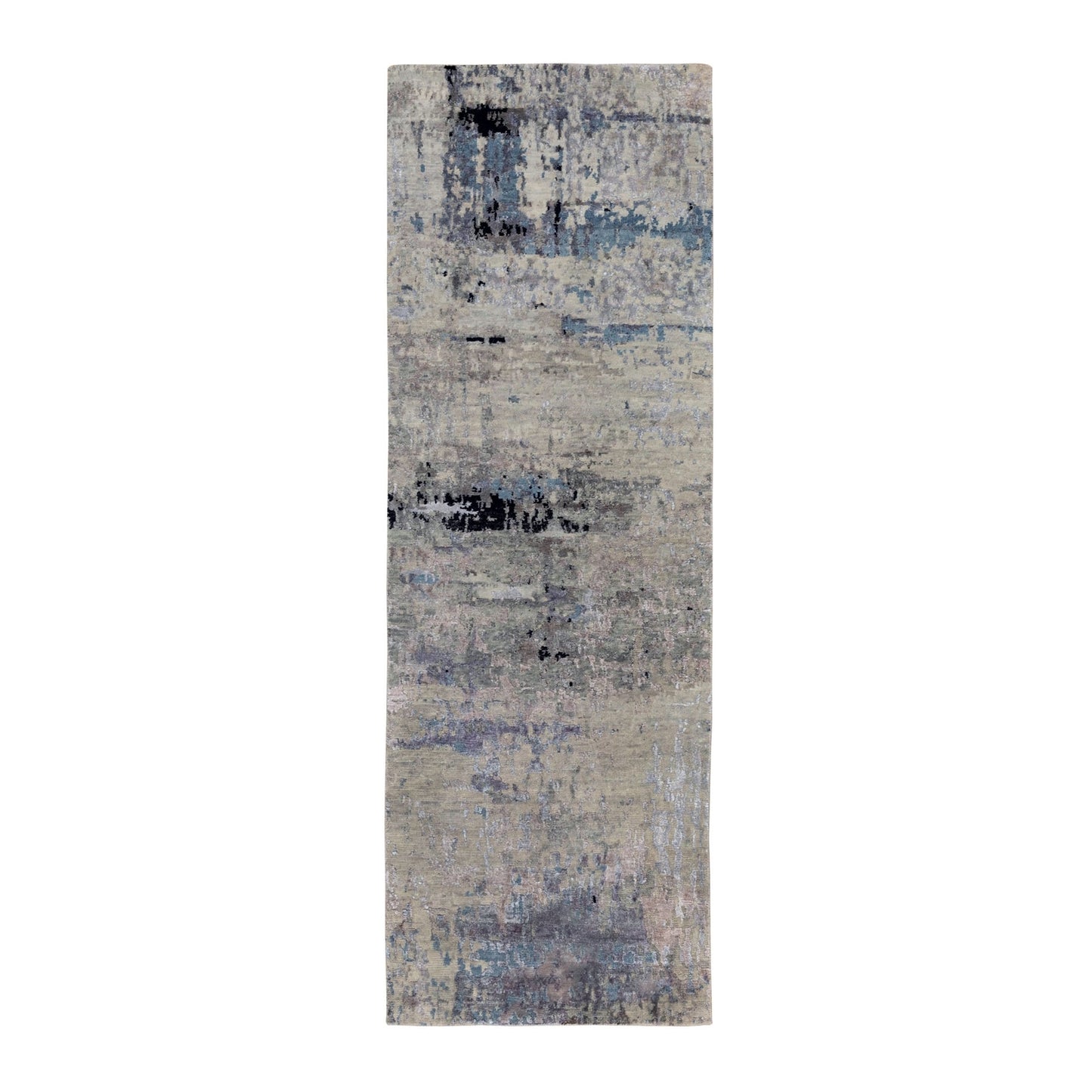 2'6"X7'9" Silver,Blue Wool-Silk Abstract Design Hand Knotted Runner Rug
