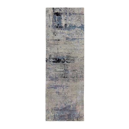 2'6"X7'9" Silver,Blue Wool-Silk Abstract Design Hand Knotted Runner Rug