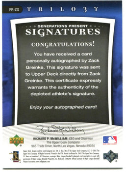Zack Greinke Upper Deck Trilo3Y Generations Present Signatures 084/199