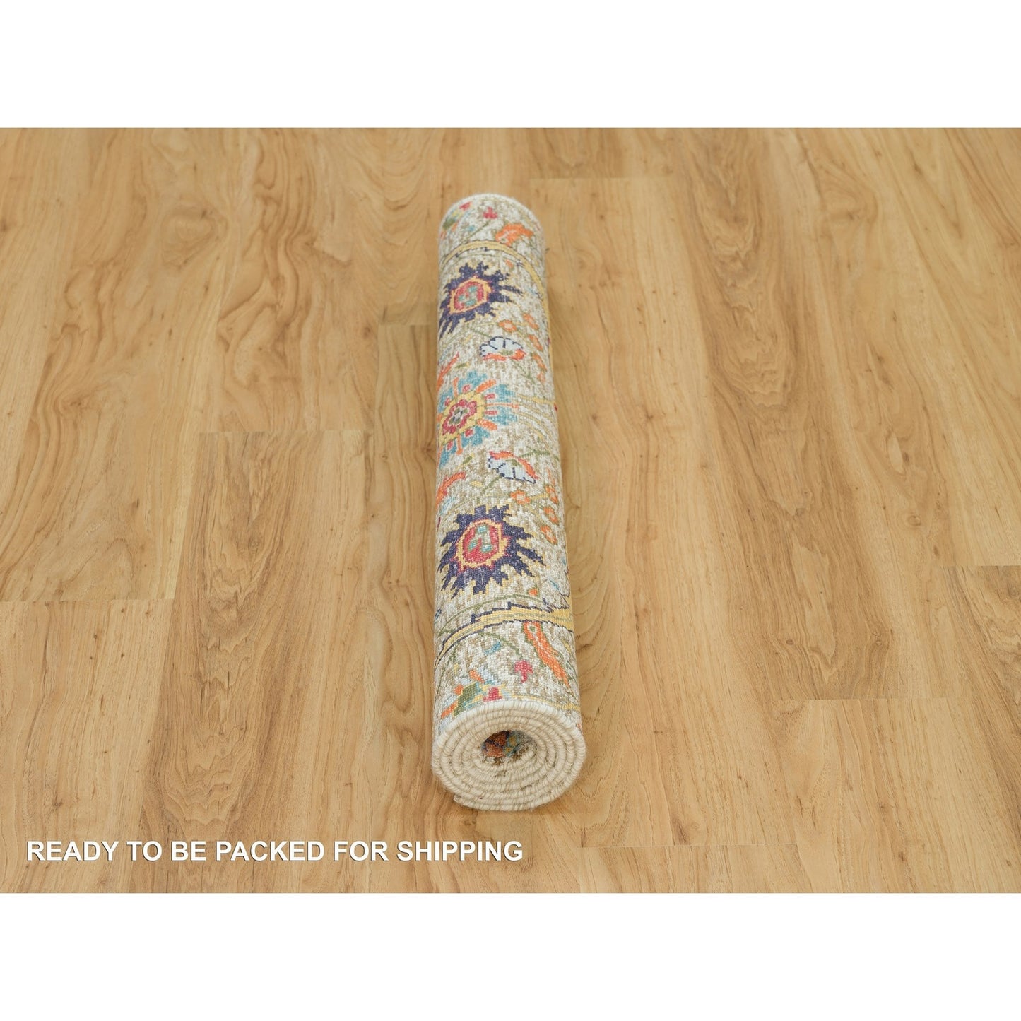 3'X5' Lenox Tan Sickle Leaf Design Wool And Silk Hand Knotted Rug