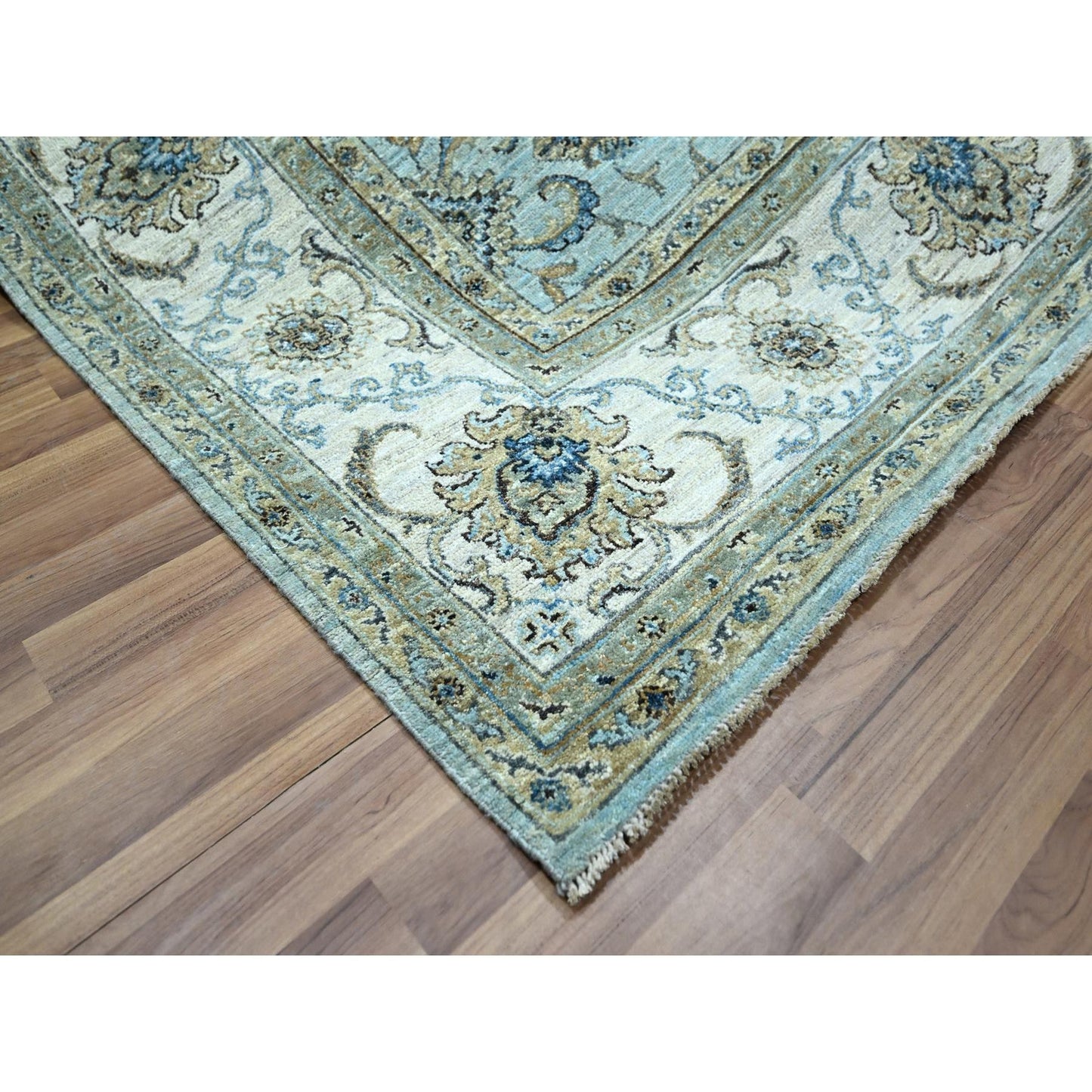 8'1"X8'1" Blue Agra Shah Abbas Flower Design Wool Hand Knotted Square Rug