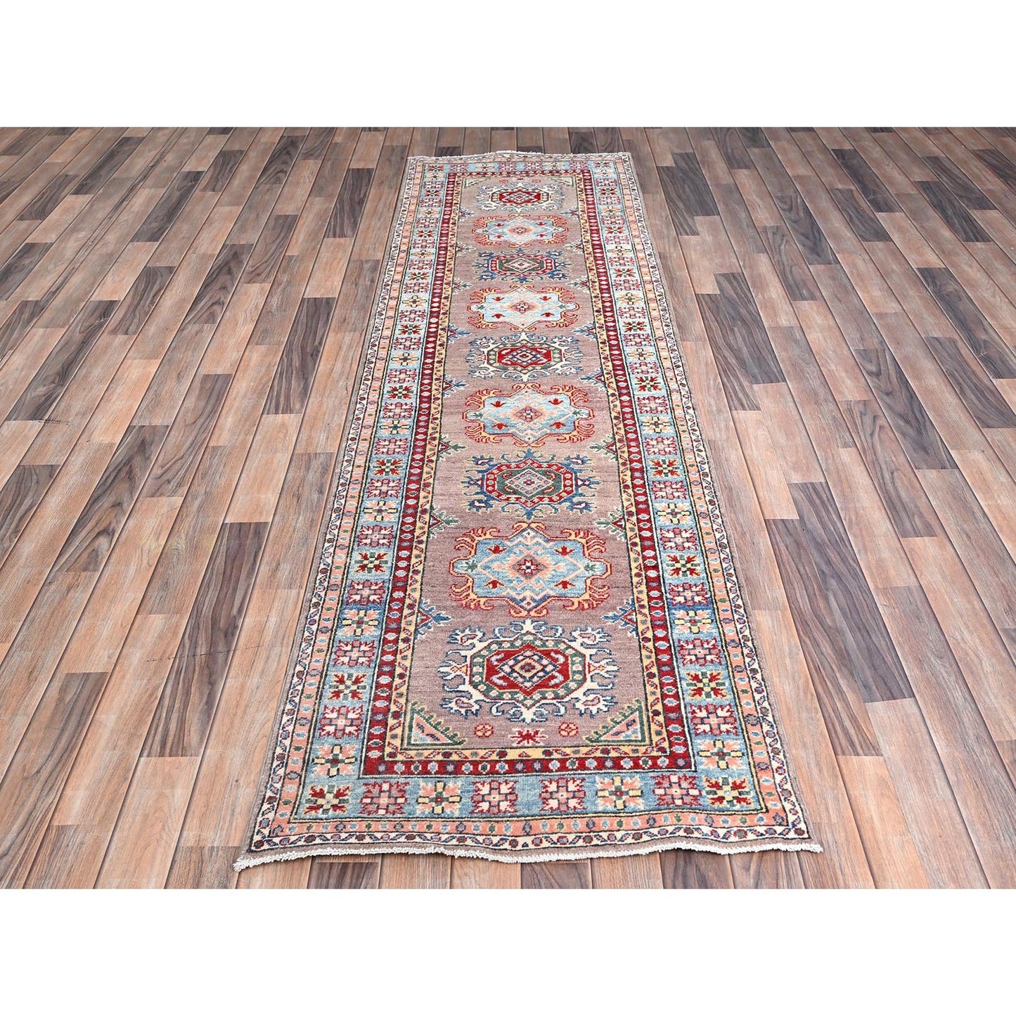 2'7"X9'3" Gray Hand Knotted Densely Woven Kazak Wool Runner Oriental Rug