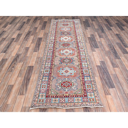 2'7"X9'3" Gray Hand Knotted Densely Woven Kazak Wool Runner Oriental Rug