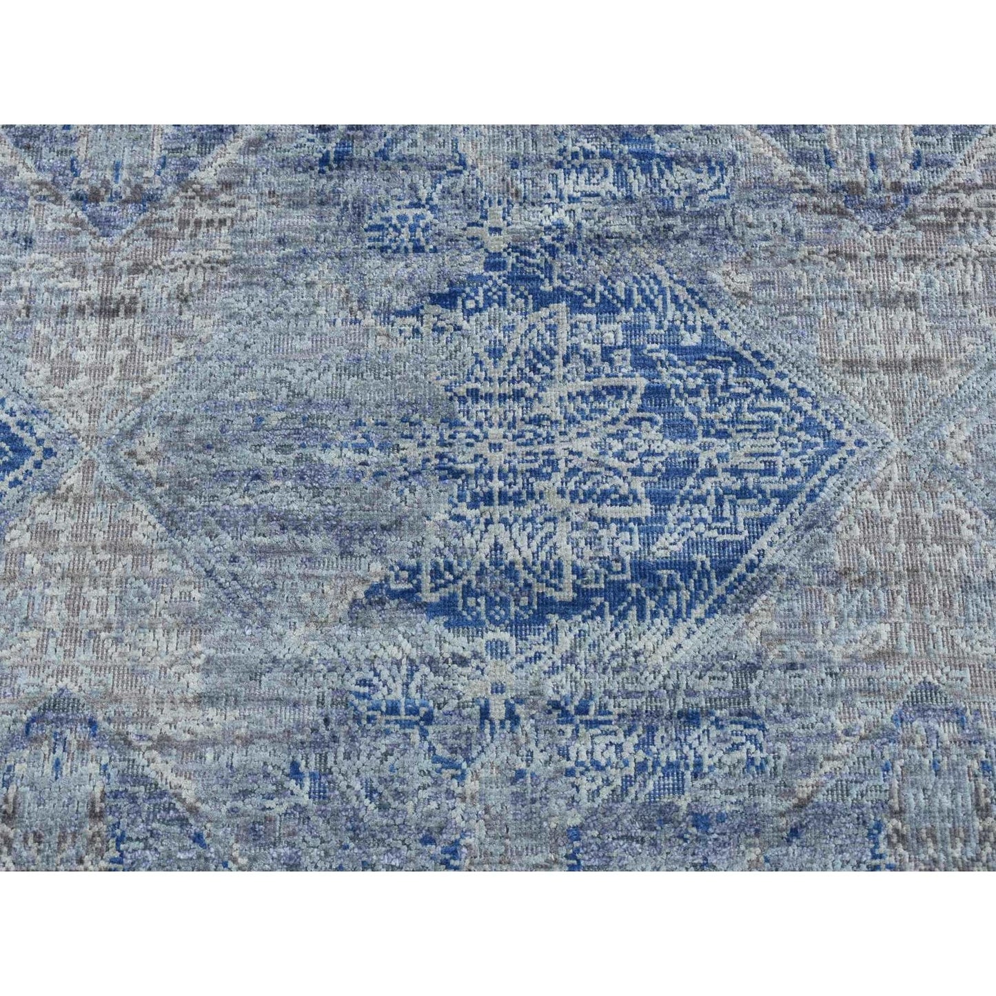2'6"X6' Blue Silk With Wool Erased Rosette Design Hand Knotted Runner Rug