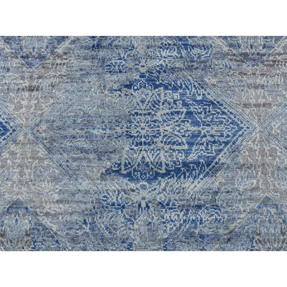 2'6"X6' Blue Silk With Wool Erased Rosette Design Hand Knotted Runner Rug