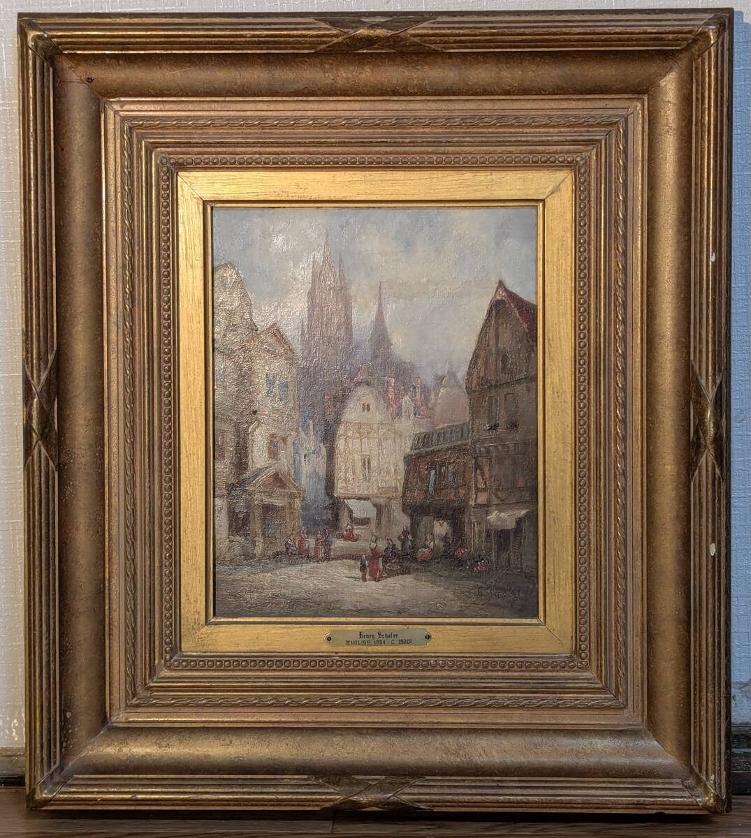 Henry Schafer (18331916) Original Oil Painting Old European Town Scene Gothic