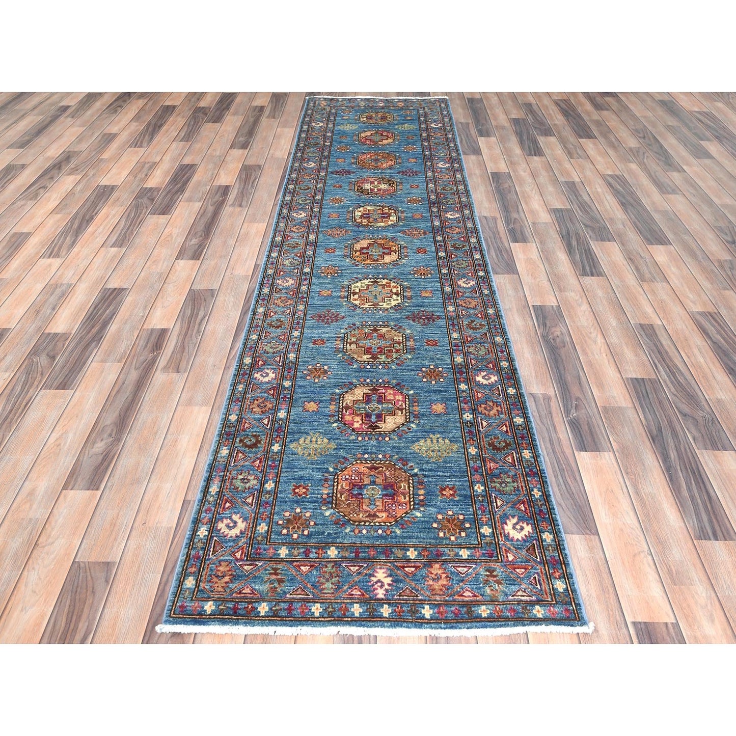 2'7"X9'9" Steel Blue Afghan Super Kazak Wool Hand Knotted Oriental Rug