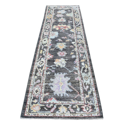 2'10"X9'10" Charcoal Black Angora Oushak Soft Wool Handknotted Runner Rug