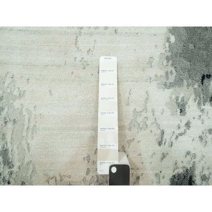 4'X10' Shadow Black Hand Knotted Abstract Wool And Silk Wide Runner Rug